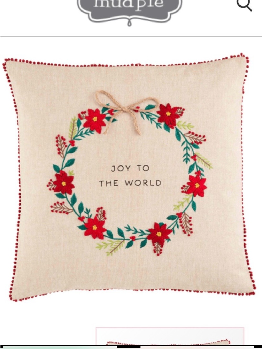 Mud Pie Christmas Embroidered Wreath Pillow 18x18 inches